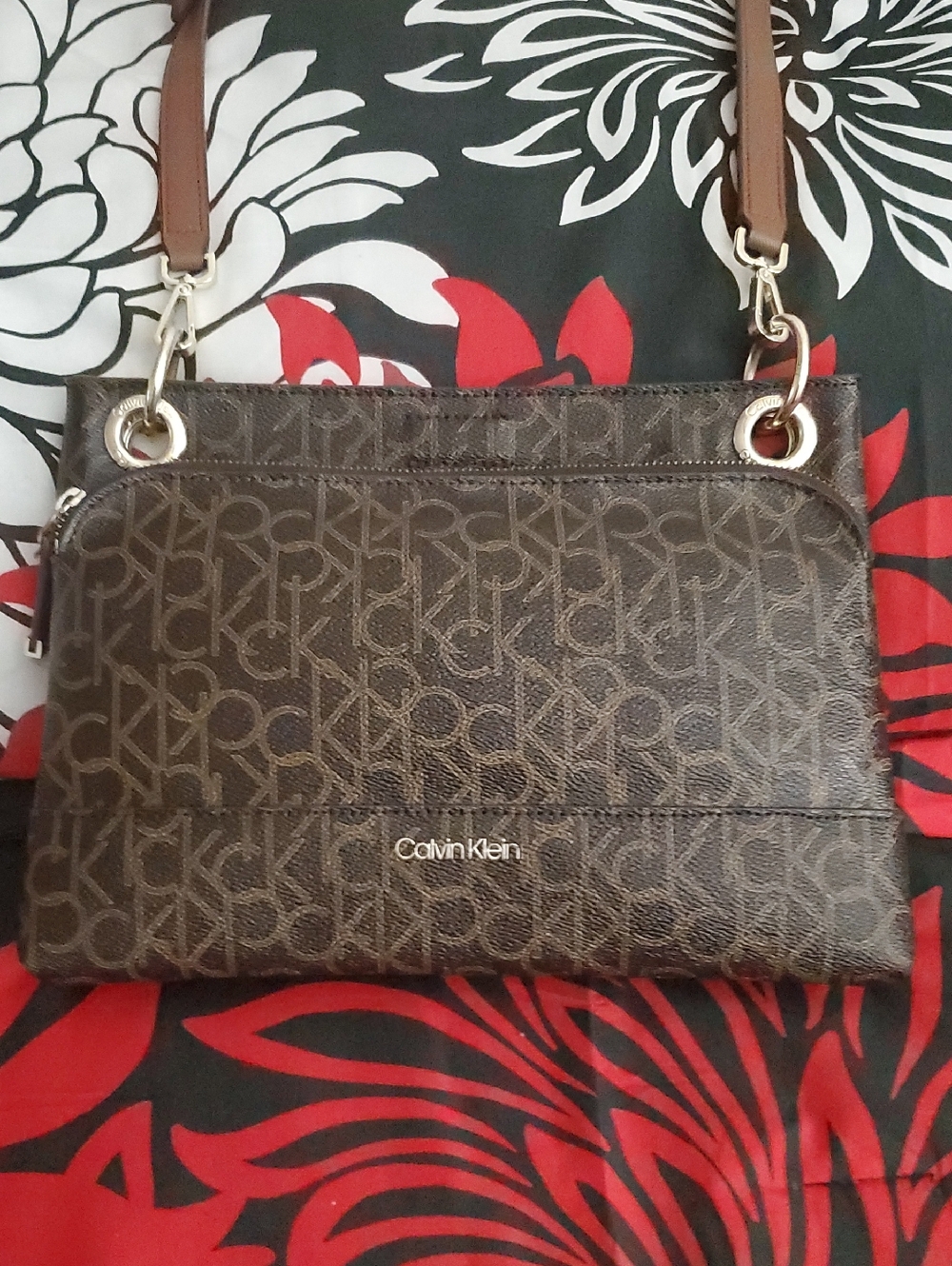 Calvin Klein Brown Monogram Crossbody Bag with Gold Hardware